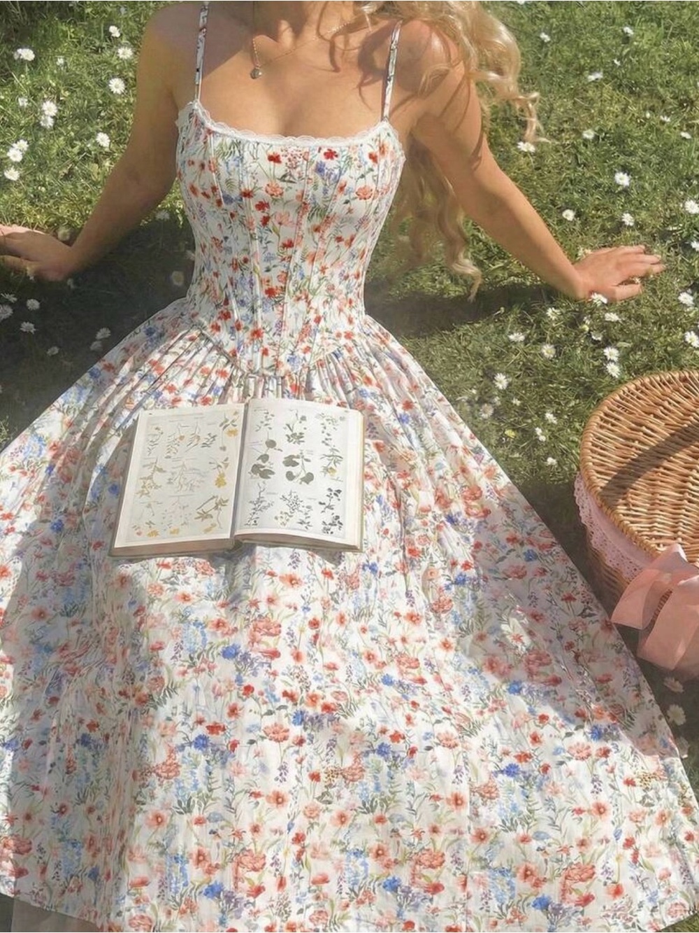 Floral Spaghetti-Strap Dress - White with Multicolor Floral Print